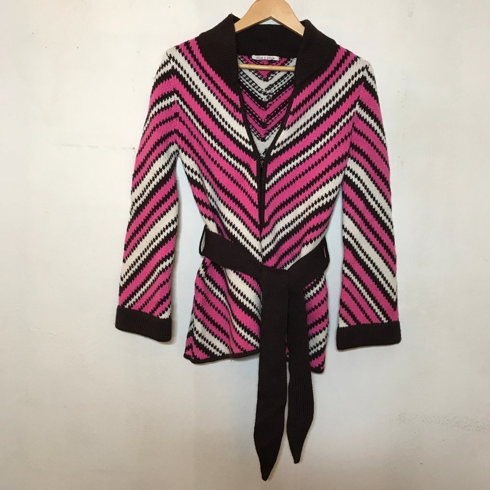 Alice & Olivia Warm Fitted Chevron Design Belted Sweater Size XS